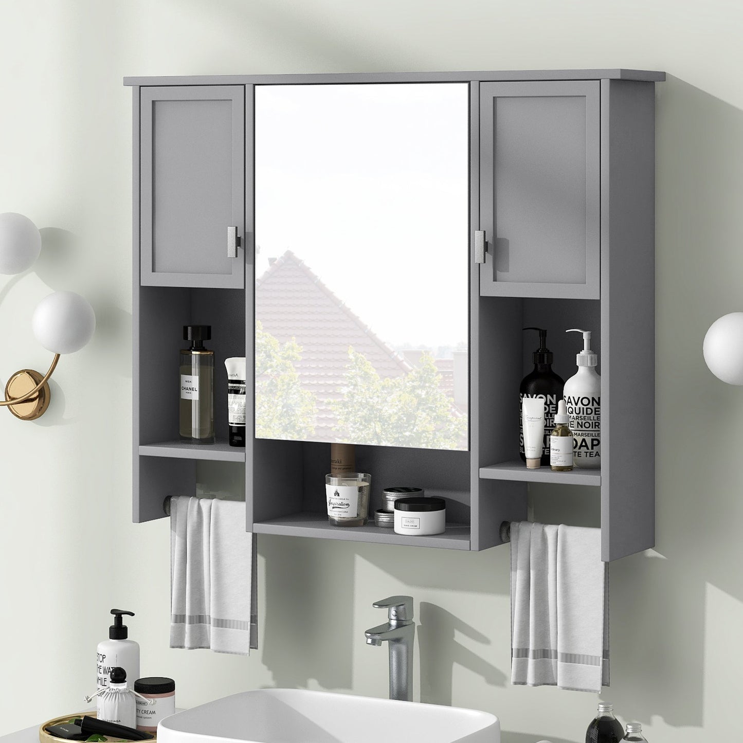 35” Wall Mounted Bathroom Mirror Cabinet with Towel Bar | Grey 3 - Door Storage Cabinet - 1st Choice Furniture Direct