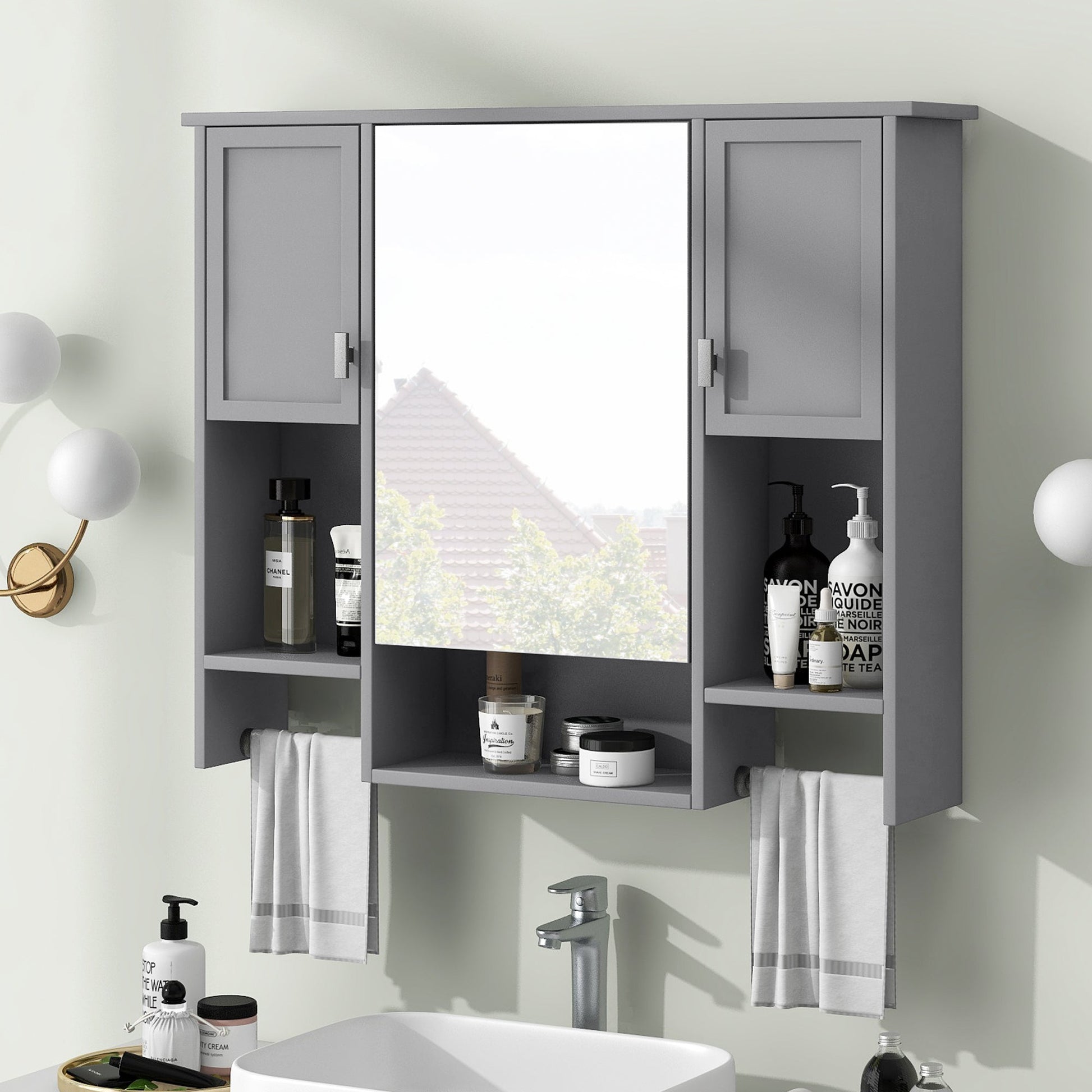 35” Wall Mounted Bathroom Mirror Cabinet with Towel Bar | Grey 3 - Door Storage Cabinet - 1st Choice Furniture Direct