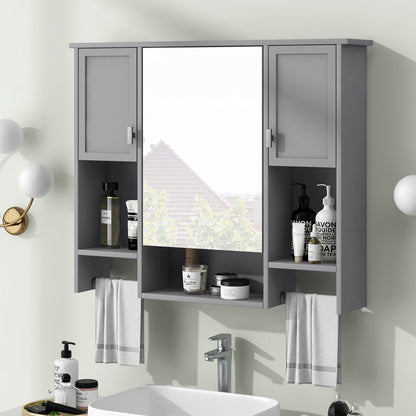 35” Wall Mounted Bathroom Mirror Cabinet with Towel Bar | Grey 3 - Door Storage Cabinet - 1st Choice Furniture Direct