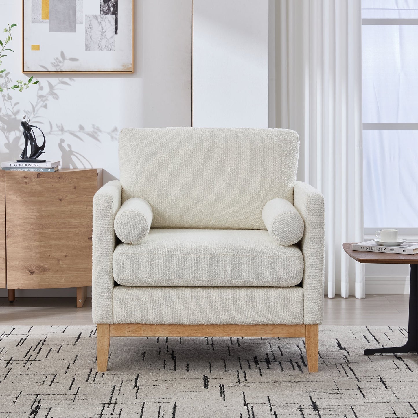 35.4' Wide Modern Farmhouse Performance Accent Chair with Natural Wood Legs, Wood Base Reading Armchair Single Sofa with Two Bolster Pillows for Living Room Offices and Lounge, Ivory Boucle. - 1st Choice Furniture Direct