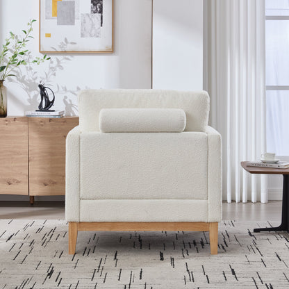 35.4' Wide Modern Farmhouse Performance Accent Chair with Natural Wood Legs, Wood Base Reading Armchair Single Sofa with Two Bolster Pillows for Living Room Offices and Lounge, Ivory Boucle. - 1st Choice Furniture Direct