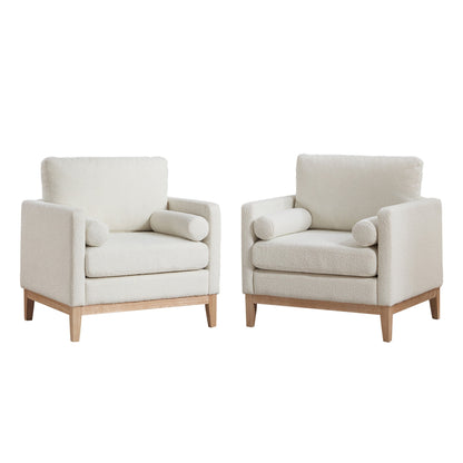 35.4' Wide Modern Farmhouse Performance Accent Chair with Natural Wood Legs, Wood Base Reading Armchair Single Sofa with Two Bolster Pillows for Living Room Offices and Lounge, Ivory Boucle. - 1st Choice Furniture Direct
