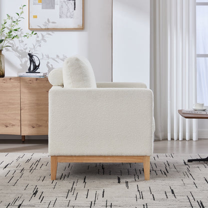35.4' Wide Modern Farmhouse Performance Accent Chair with Natural Wood Legs, Wood Base Reading Armchair Single Sofa with Two Bolster Pillows for Living Room Offices and Lounge, Ivory Boucle. - 1st Choice Furniture Direct
