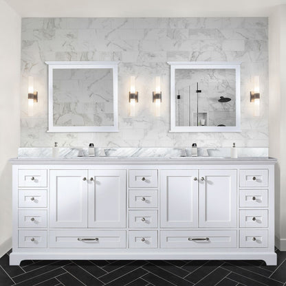 White Double Bath Vanity 84 in. W x 22 in. D, Carrara Marble Top, and Faucet Set