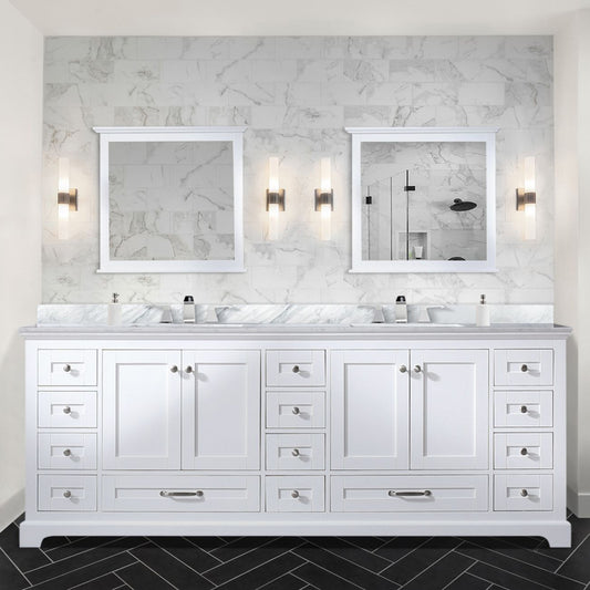 White Double Bath Vanity 84 in. W x 22 in. D, Carrara Marble Top, and Faucet Set