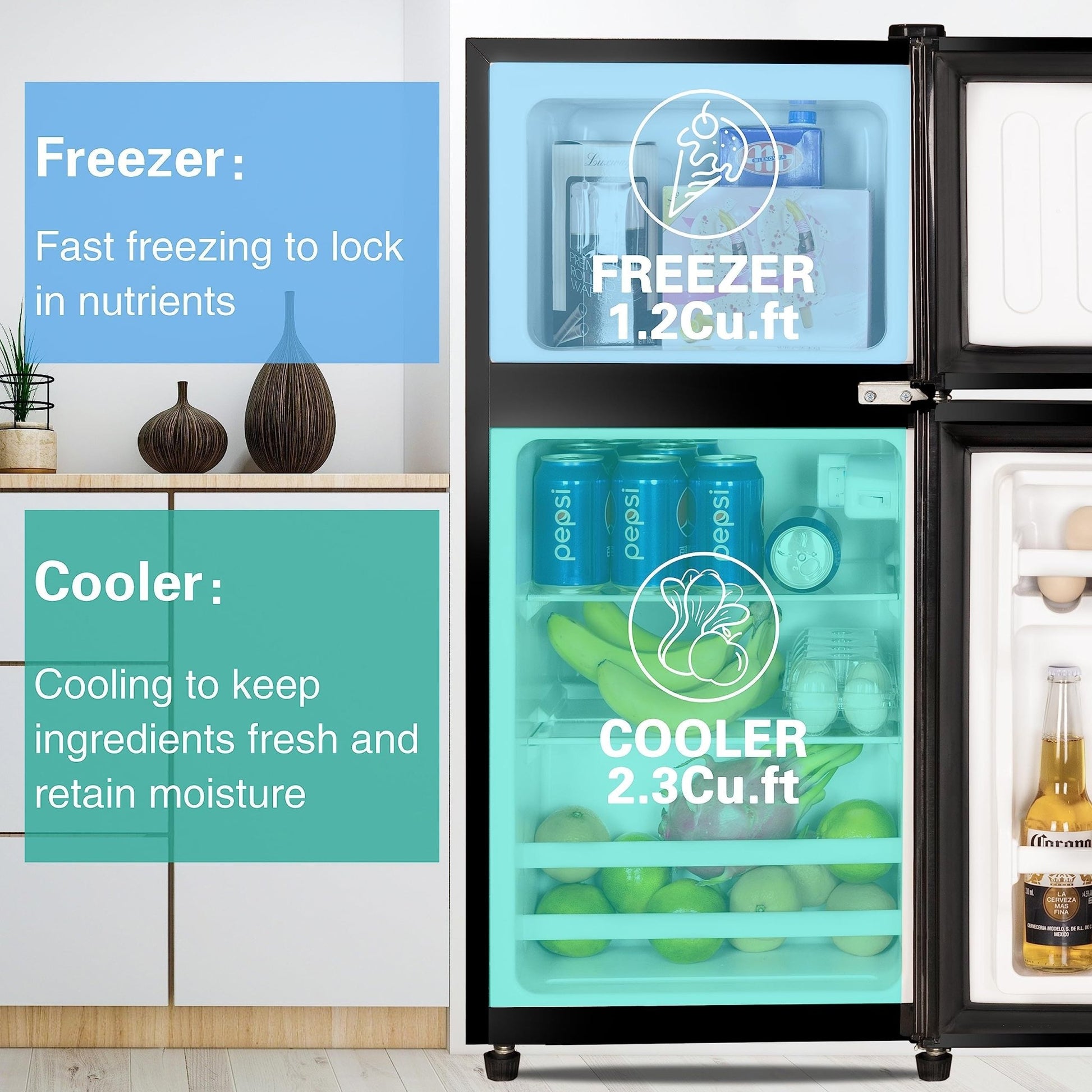3.5Cu.Ft Compact Refrigerator Mini Fridge with Freezer, Small Refrigerator with 2 Door, 7 Level Thermostat Removable Shelves for Kitchen, Dorm, Apartment, Bar, Office Black - 1st Choice Furniture Direct
