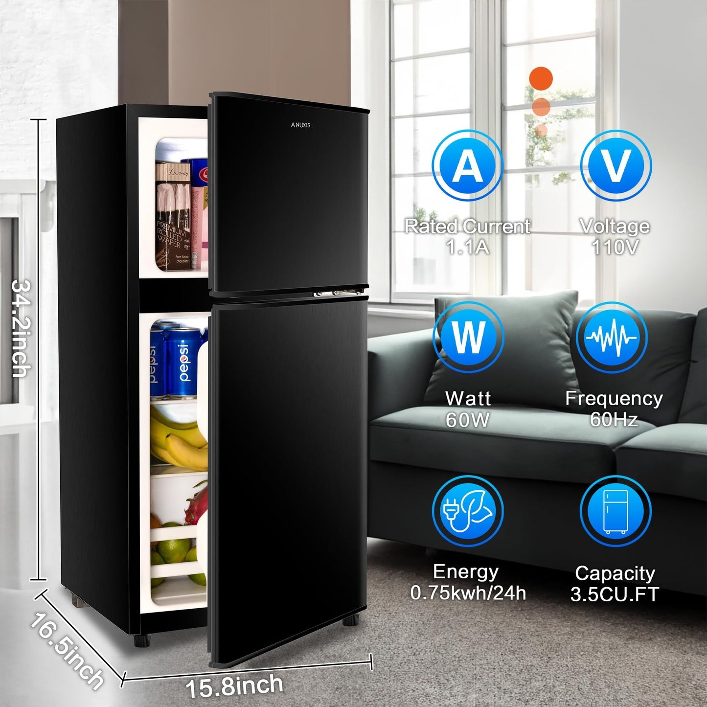 3.5Cu.Ft Compact Refrigerator Mini Fridge with Freezer, Small Refrigerator with 2 Door, 7 Level Thermostat Removable Shelves for Kitchen, Dorm, Apartment, Bar, Office Black - 1st Choice Furniture Direct
