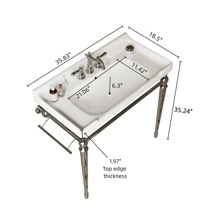 36” Bathroom Console Sink with Chrome Legs | Wall - Mounted Ceramic Vanity Basin with Towel Bar - 1st Choice Furniture Direct