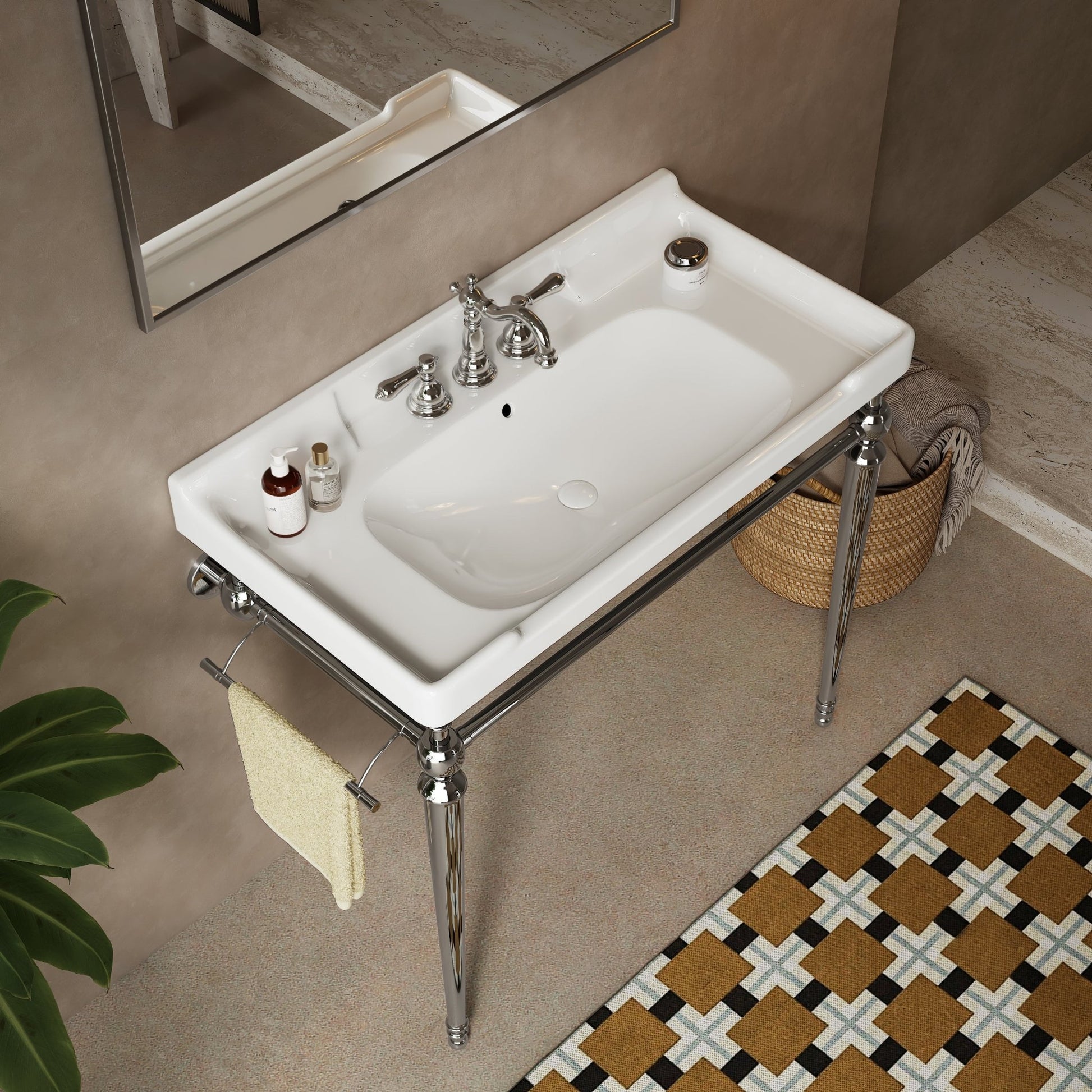 36” Bathroom Console Sink with Chrome Legs | Wall - Mounted Ceramic Vanity Basin with Towel Bar - 1st Choice Furniture Direct