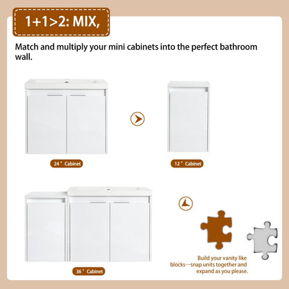 36' Bathroom Vanity With Resin Sink , 2 - Soft Close Doors and 1 - Side Cabinet, Float Mounting Design, Glossy White, Plywood(KD - Packing) - 1st Choice Furniture Direct