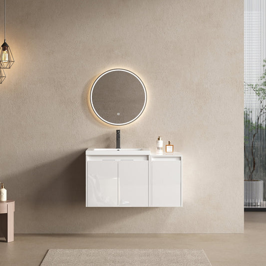 36' Bathroom Vanity With Resin Sink , 2 - Soft Close Doors and 1 - Side Cabinet, Float Mounting Design, Glossy White, Plywood(KD - Packing) - 1st Choice Furniture Direct