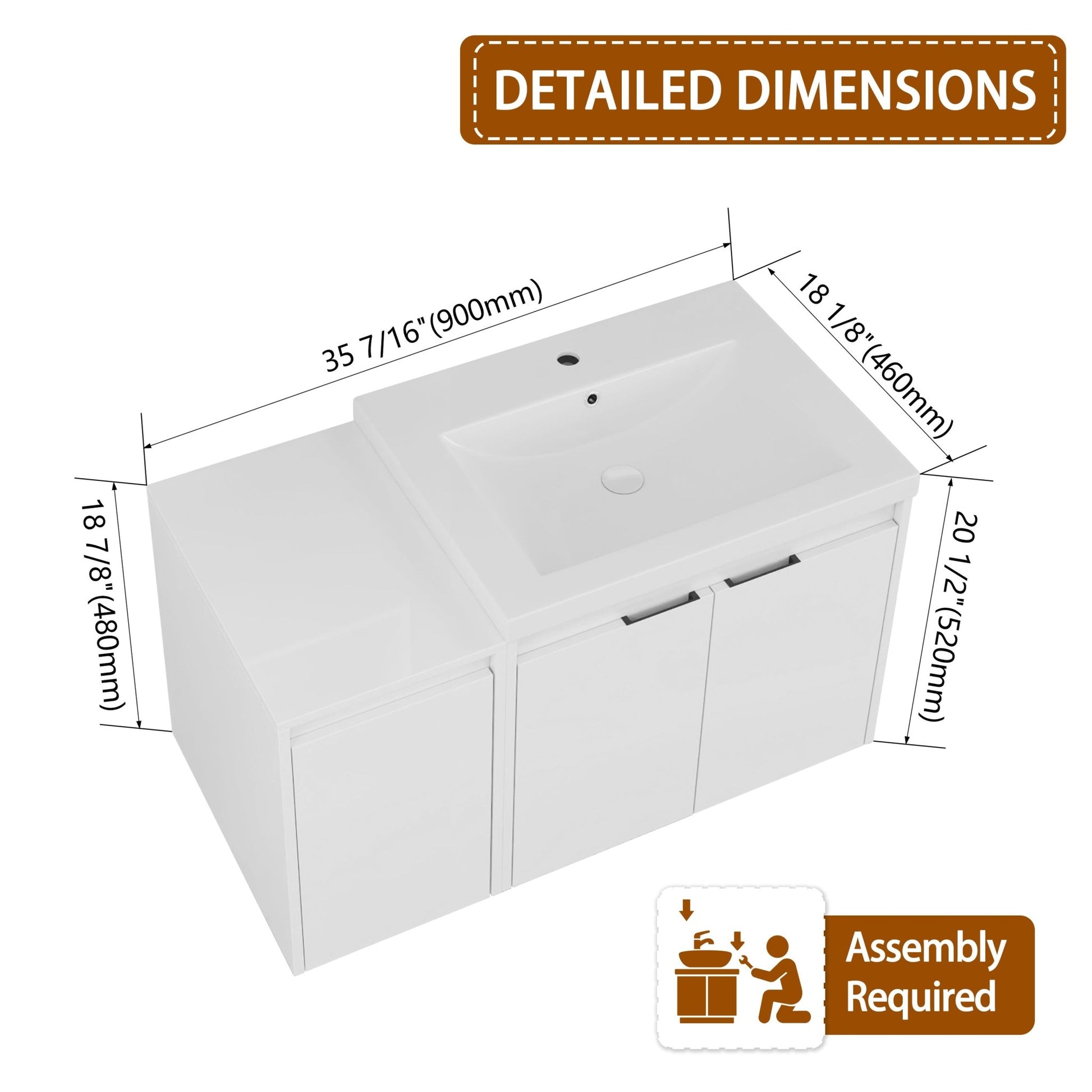 36' Bathroom Vanity With Resin Sink , 2 - Soft Close Doors and 1 - Side Cabinet, Float Mounting Design, Glossy White, Plywood(KD - Packing) - 1st Choice Furniture Direct
