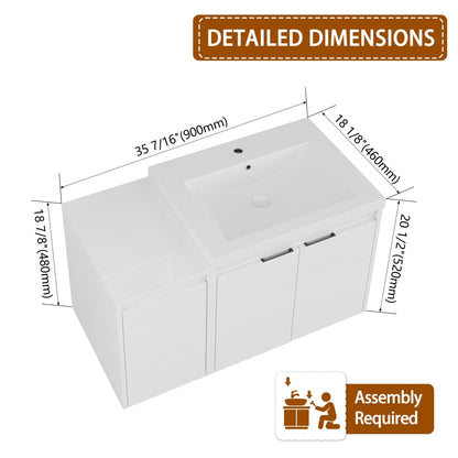 36' Bathroom Vanity With Resin Sink , 2 - Soft Close Doors and 1 - Side Cabinet, Float Mounting Design, Glossy White, Plywood(KD - Packing) - 1st Choice Furniture Direct