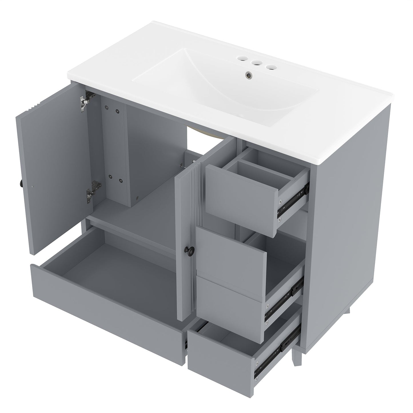 36' Bathroom Vanity with Sink, Free Standing Single Vanity Set with 4 Drawers and Side Storage Rack, Wood Cabinet with Ceramic Basin for Bathroom, Gray - 1st Choice Furniture Direct