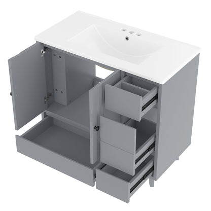 36' Bathroom Vanity with Sink, Free Standing Single Vanity Set with 4 Drawers and Side Storage Rack, Wood Cabinet with Ceramic Basin for Bathroom, Gray - 1st Choice Furniture Direct