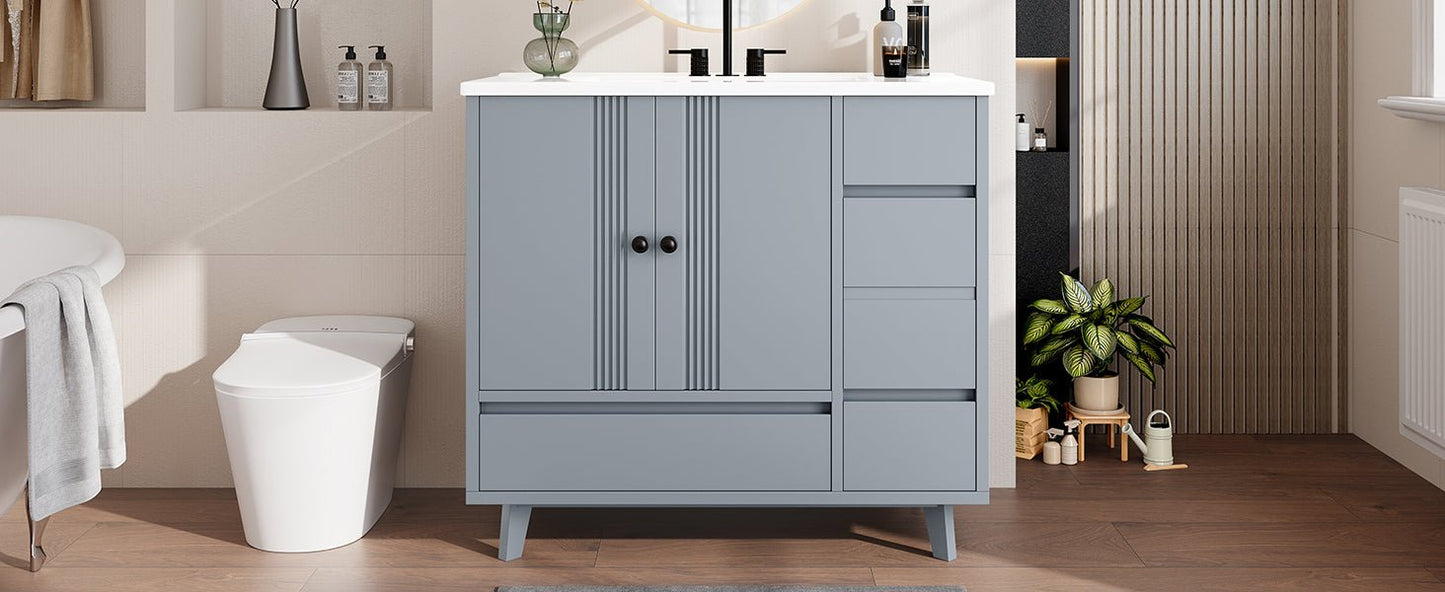 36' Bathroom Vanity with Sink, Free Standing Single Vanity Set with 4 Drawers and Side Storage Rack, Wood Cabinet with Ceramic Basin for Bathroom, Gray - 1st Choice Furniture Direct