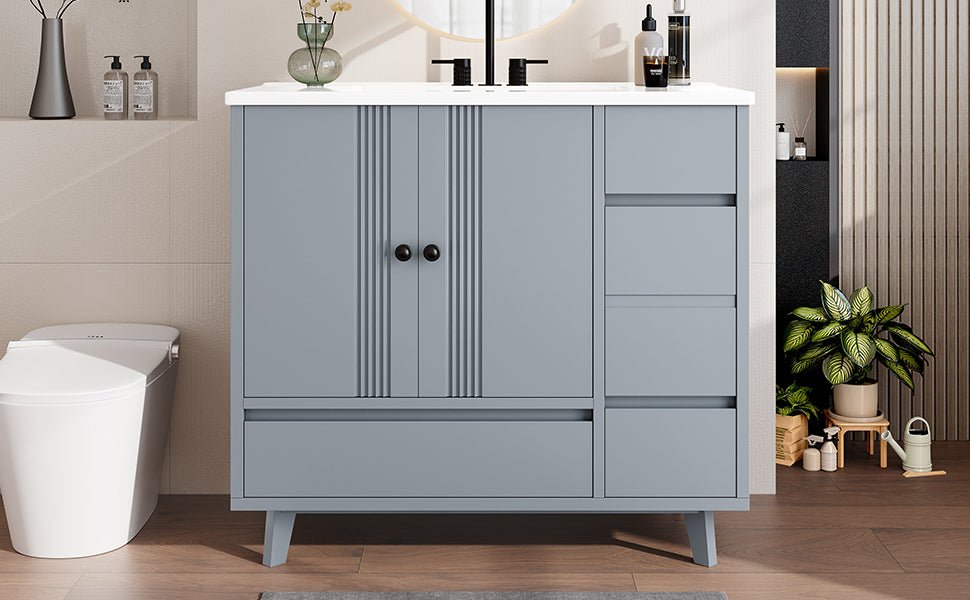 36' Bathroom Vanity with Sink, Free Standing Single Vanity Set with 4 Drawers and Side Storage Rack, Wood Cabinet with Ceramic Basin for Bathroom, Gray - 1st Choice Furniture Direct