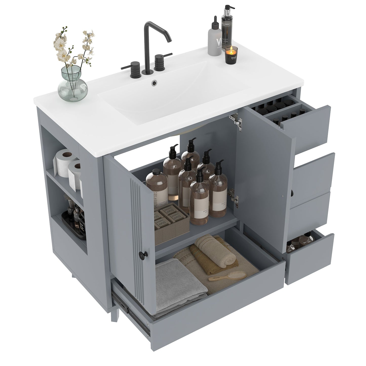 36' Bathroom Vanity with Sink, Free Standing Single Vanity Set with 4 Drawers and Side Storage Rack, Wood Cabinet with Ceramic Basin for Bathroom, Gray - 1st Choice Furniture Direct