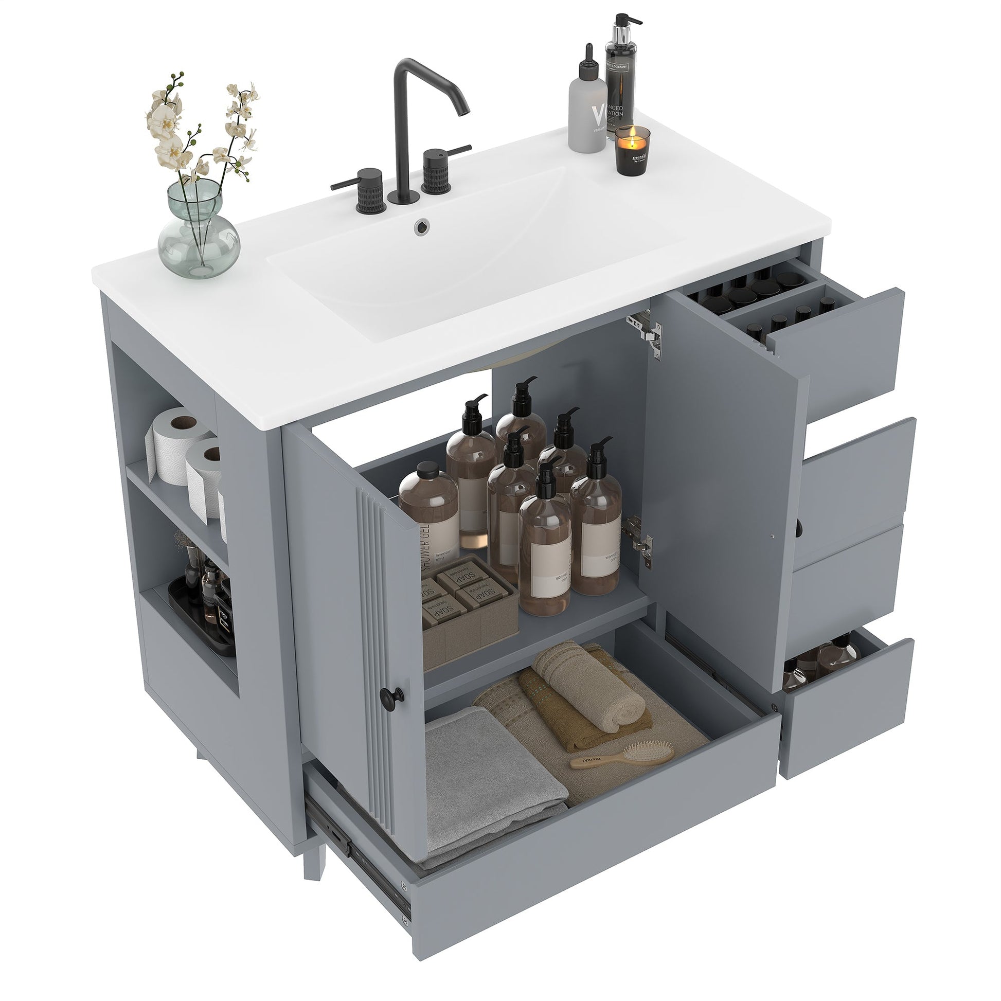 36' Bathroom Vanity with Sink, Free Standing Single Vanity Set with 4 Drawers and Side Storage Rack, Wood Cabinet with Ceramic Basin for Bathroom, Gray - 1st Choice Furniture Direct