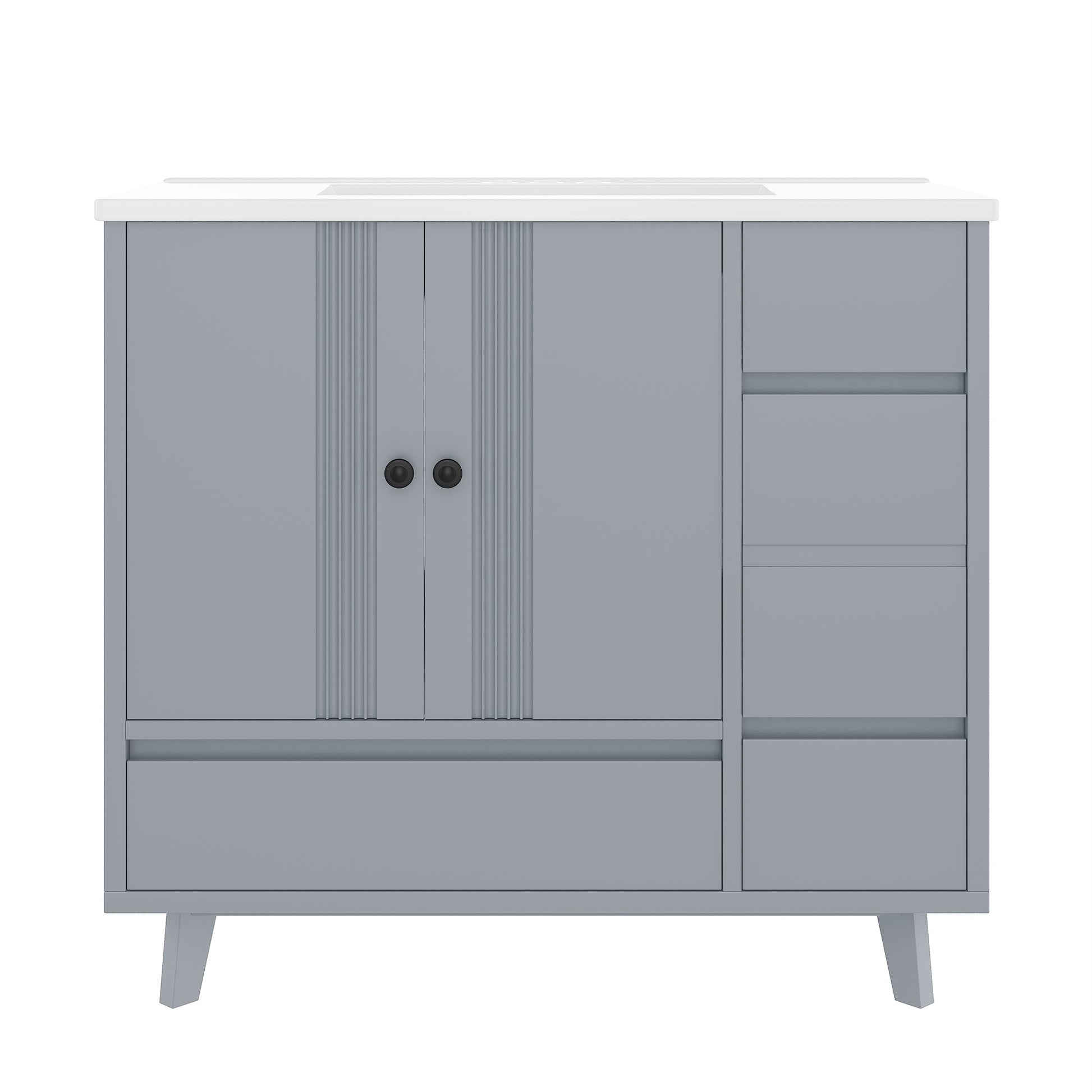 36' Bathroom Vanity with Sink, Free Standing Single Vanity Set with 4 Drawers and Side Storage Rack, Wood Cabinet with Ceramic Basin for Bathroom, Gray - 1st Choice Furniture Direct