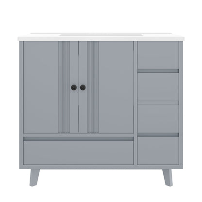 36' Bathroom Vanity with Sink, Free Standing Single Vanity Set with 4 Drawers and Side Storage Rack, Wood Cabinet with Ceramic Basin for Bathroom, Gray - 1st Choice Furniture Direct