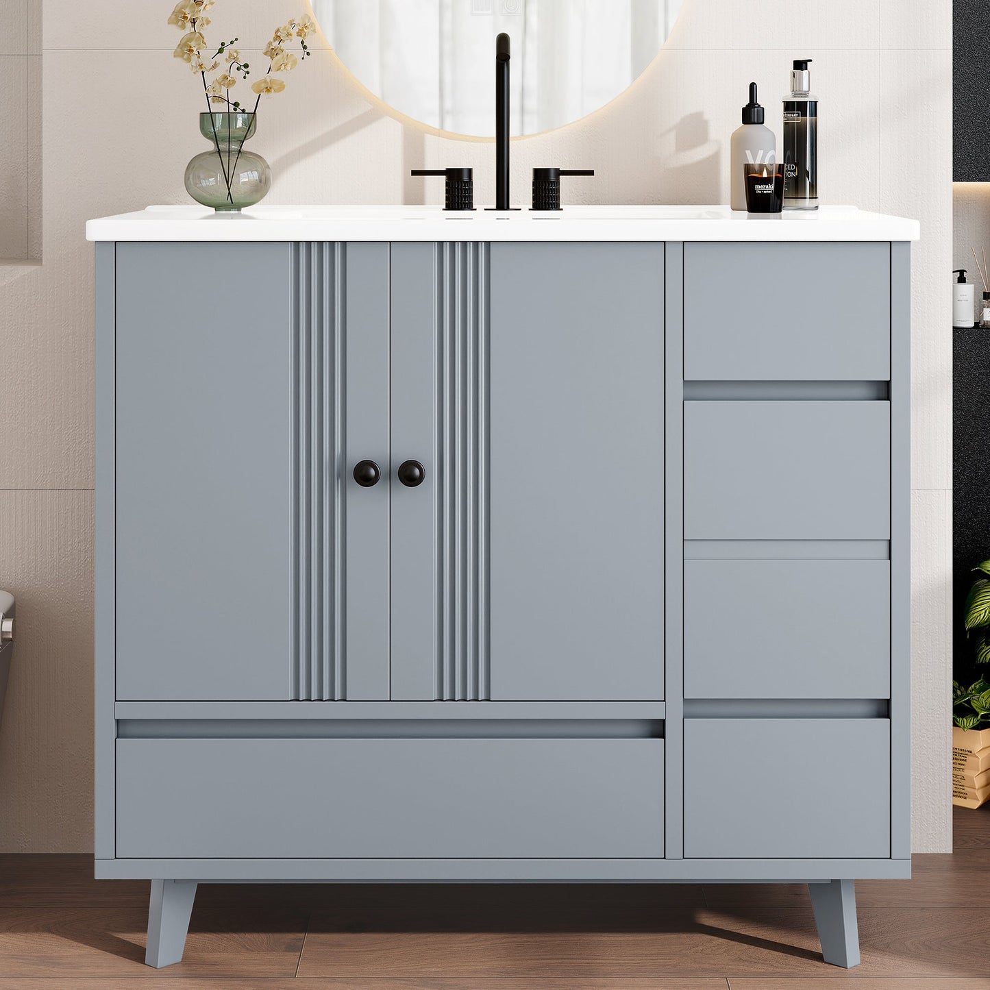 36' Bathroom Vanity with Sink, Free Standing Single Vanity Set with 4 Drawers and Side Storage Rack, Wood Cabinet with Ceramic Basin for Bathroom, Gray - 1st Choice Furniture Direct