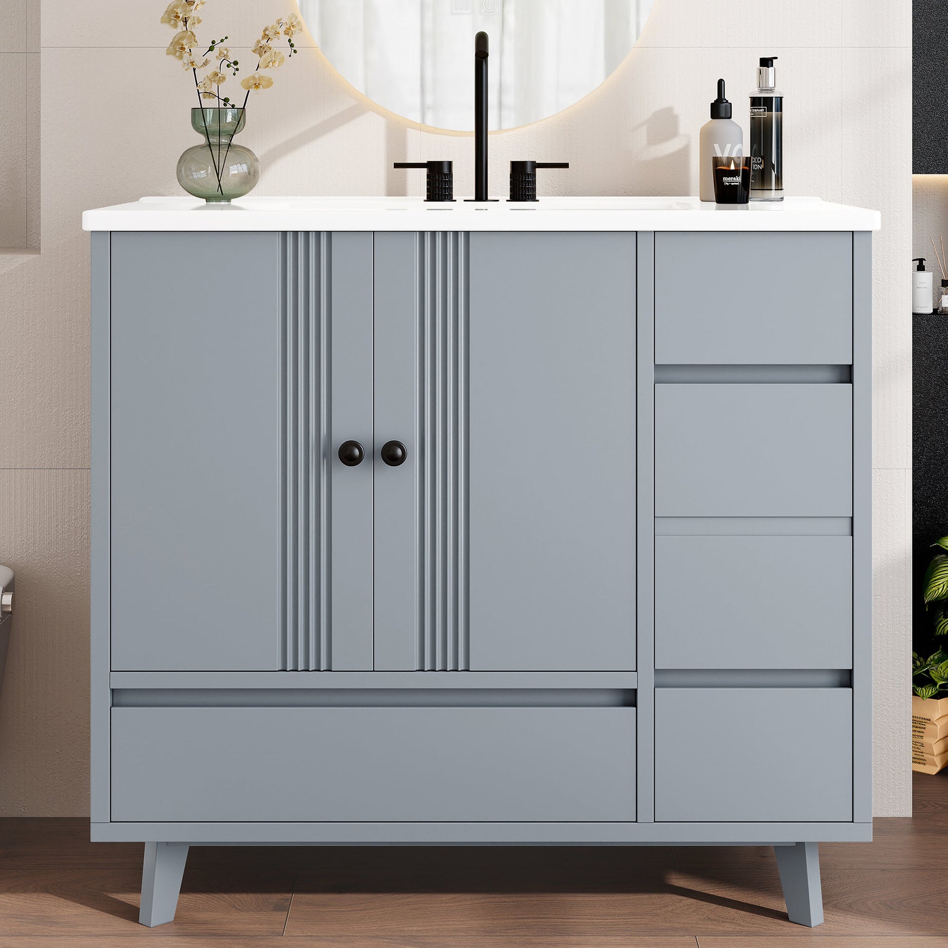 36' Bathroom Vanity with Sink, Free Standing Single Vanity Set with 4 Drawers and Side Storage Rack, Wood Cabinet with Ceramic Basin for Bathroom, Gray - 1st Choice Furniture Direct