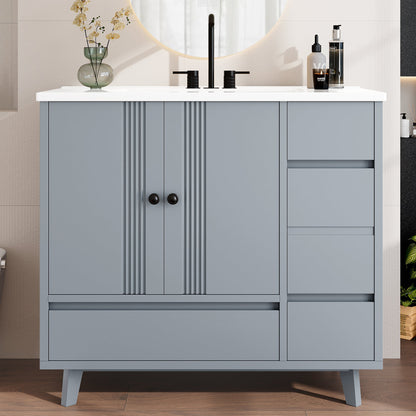 36' Bathroom Vanity with Sink, Free Standing Single Vanity Set with 4 Drawers and Side Storage Rack, Wood Cabinet with Ceramic Basin for Bathroom, Gray - 1st Choice Furniture Direct