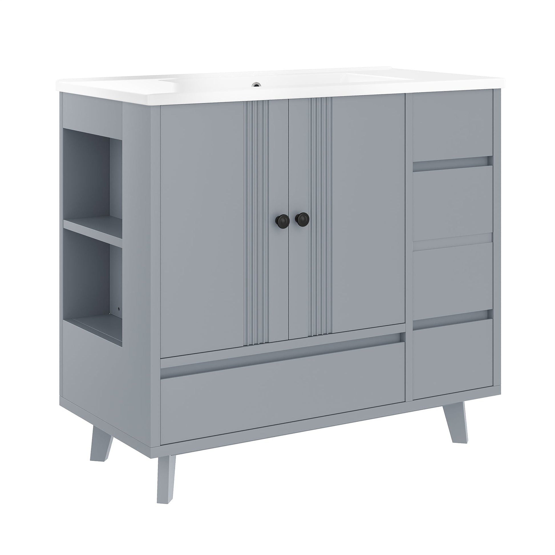 36' Bathroom Vanity with Sink, Free Standing Single Vanity Set with 4 Drawers and Side Storage Rack, Wood Cabinet with Ceramic Basin for Bathroom, Gray - 1st Choice Furniture Direct