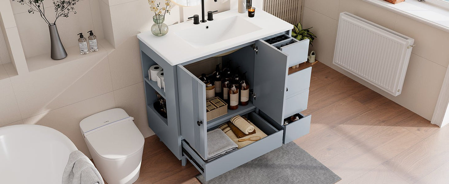 36' Bathroom Vanity with Sink, Free Standing Single Vanity Set with 4 Drawers and Side Storage Rack, Wood Cabinet with Ceramic Basin for Bathroom, Gray - 1st Choice Furniture Direct