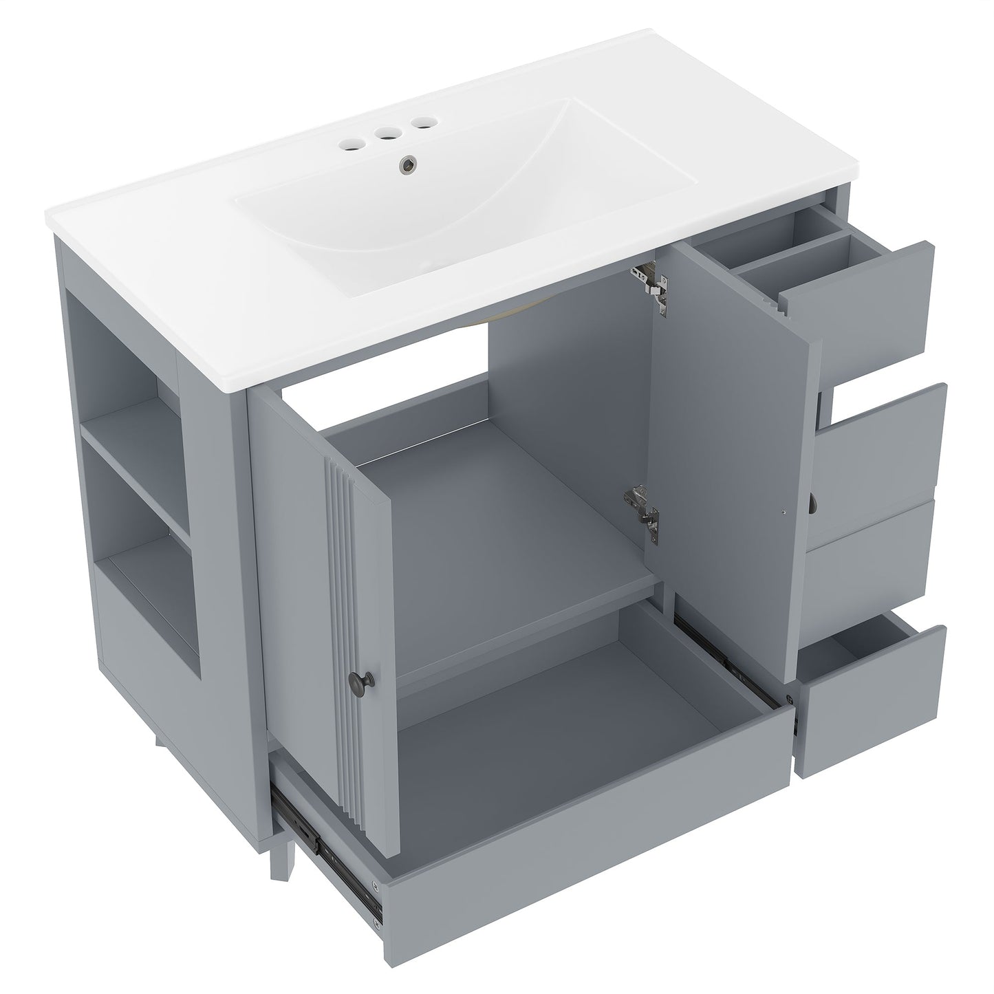 36' Bathroom Vanity with Sink, Free Standing Single Vanity Set with 4 Drawers and Side Storage Rack, Wood Cabinet with Ceramic Basin for Bathroom, Gray - 1st Choice Furniture Direct