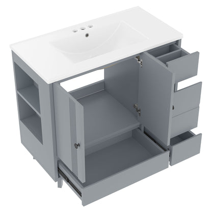 36' Bathroom Vanity with Sink, Free Standing Single Vanity Set with 4 Drawers and Side Storage Rack, Wood Cabinet with Ceramic Basin for Bathroom, Gray - 1st Choice Furniture Direct