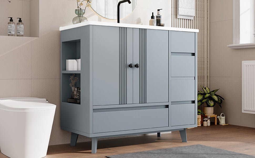 36' Bathroom Vanity with Sink, Free Standing Single Vanity Set with 4 Drawers and Side Storage Rack, Wood Cabinet with Ceramic Basin for Bathroom, Gray - 1st Choice Furniture Direct
