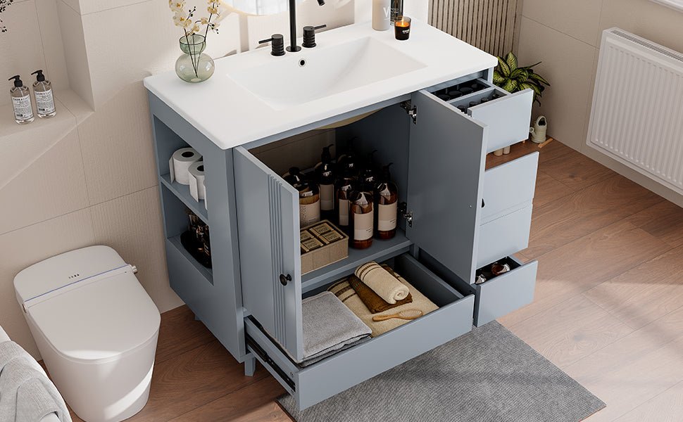 36' Bathroom Vanity with Sink, Free Standing Single Vanity Set with 4 Drawers and Side Storage Rack, Wood Cabinet with Ceramic Basin for Bathroom, Gray - 1st Choice Furniture Direct