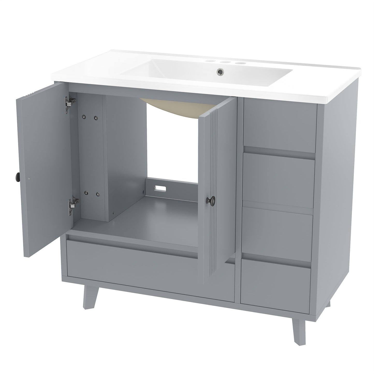 36' Bathroom Vanity with Sink, Free Standing Single Vanity Set with 4 Drawers and Side Storage Rack, Wood Cabinet with Ceramic Basin for Bathroom, Gray - 1st Choice Furniture Direct