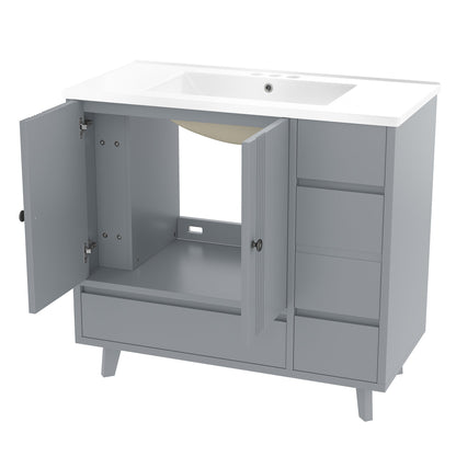 36' Bathroom Vanity with Sink, Free Standing Single Vanity Set with 4 Drawers and Side Storage Rack, Wood Cabinet with Ceramic Basin for Bathroom, Gray - 1st Choice Furniture Direct
