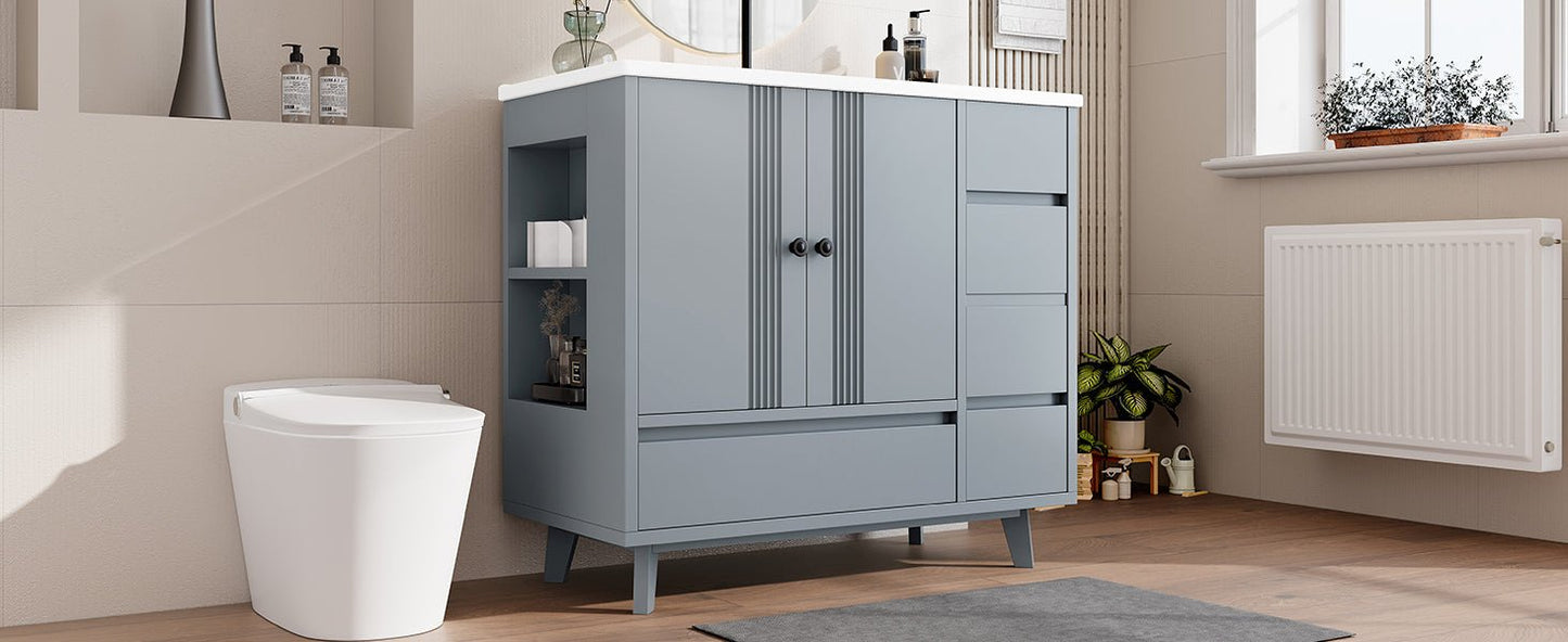 36' Bathroom Vanity with Sink, Free Standing Single Vanity Set with 4 Drawers and Side Storage Rack, Wood Cabinet with Ceramic Basin for Bathroom, Gray - 1st Choice Furniture Direct