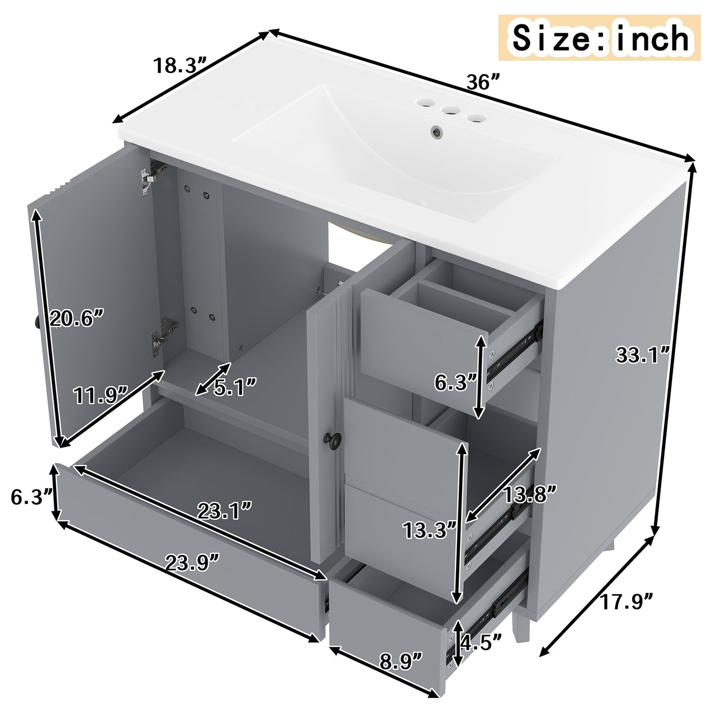 36' Bathroom Vanity with Sink, Free Standing Single Vanity Set with 4 Drawers and Side Storage Rack, Wood Cabinet with Ceramic Basin for Bathroom, Gray - 1st Choice Furniture Direct
