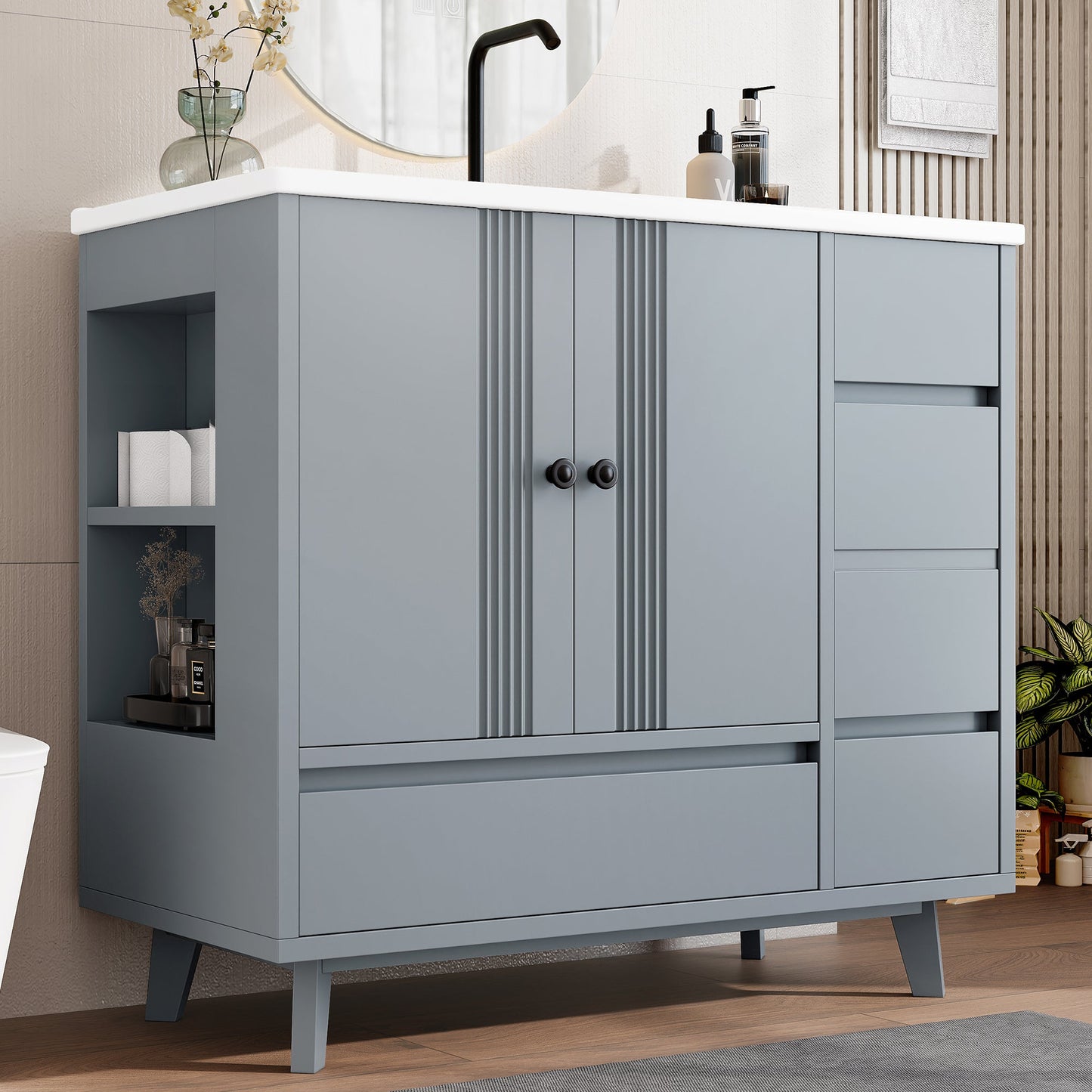 36' Bathroom Vanity with Sink, Free Standing Single Vanity Set with 4 Drawers and Side Storage Rack, Wood Cabinet with Ceramic Basin for Bathroom, Gray - 1st Choice Furniture Direct