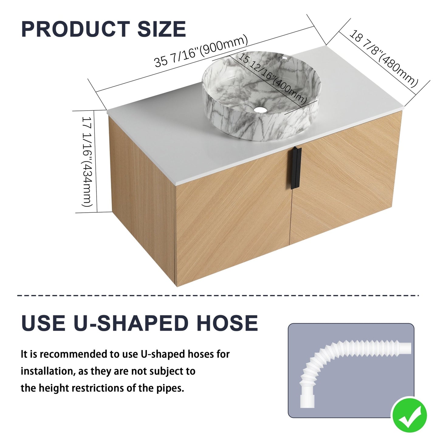 36' Bathroom Vanity With Top Ceramic Art Sink and Artificial Stone Slab, 2 - Soft Close Door, Wall - Mounted Mounting Design, Plywood (KD - Packing) - 1st Choice Furniture Direct