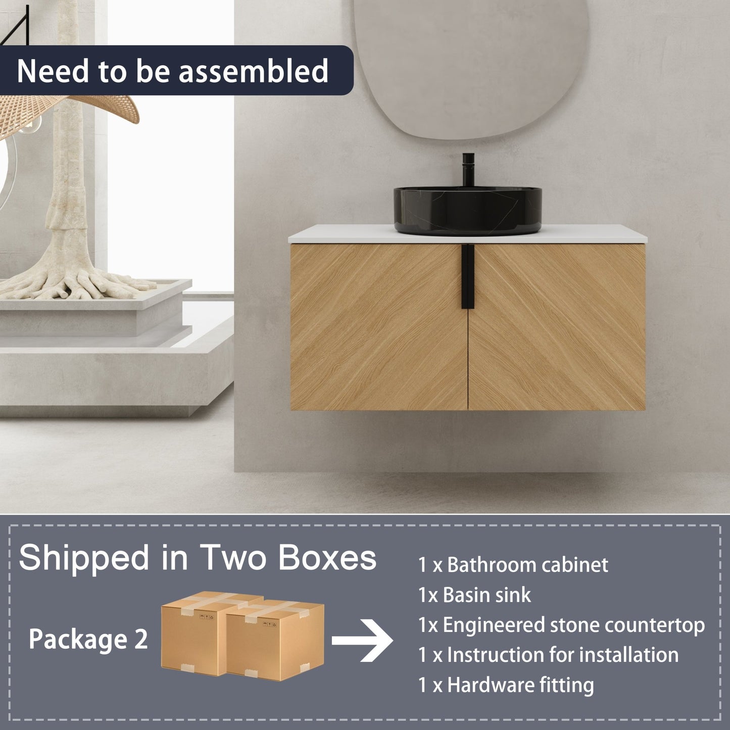 36' Bathroom Vanity With Top Ceramic Art Sink and Artificial Stone Slab, 2 - Soft Close Door, Wall - Mounted Mounting Design, Plywood (KD - Packing) - 1st Choice Furniture Direct