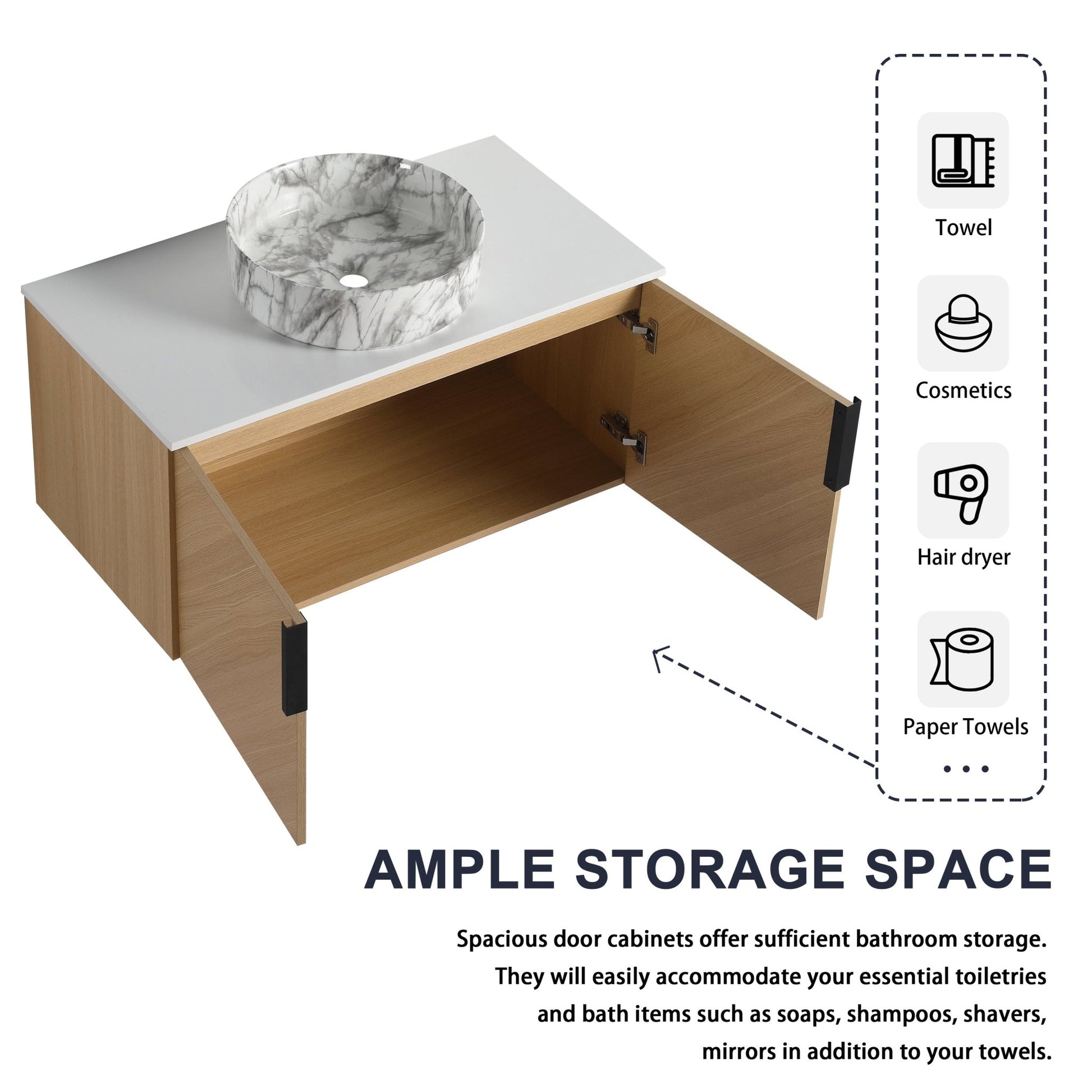 36' Bathroom Vanity With Top Ceramic Art Sink and Artificial Stone Slab, 2 - Soft Close Door, Wall - Mounted Mounting Design, Plywood (KD - Packing) - 1st Choice Furniture Direct