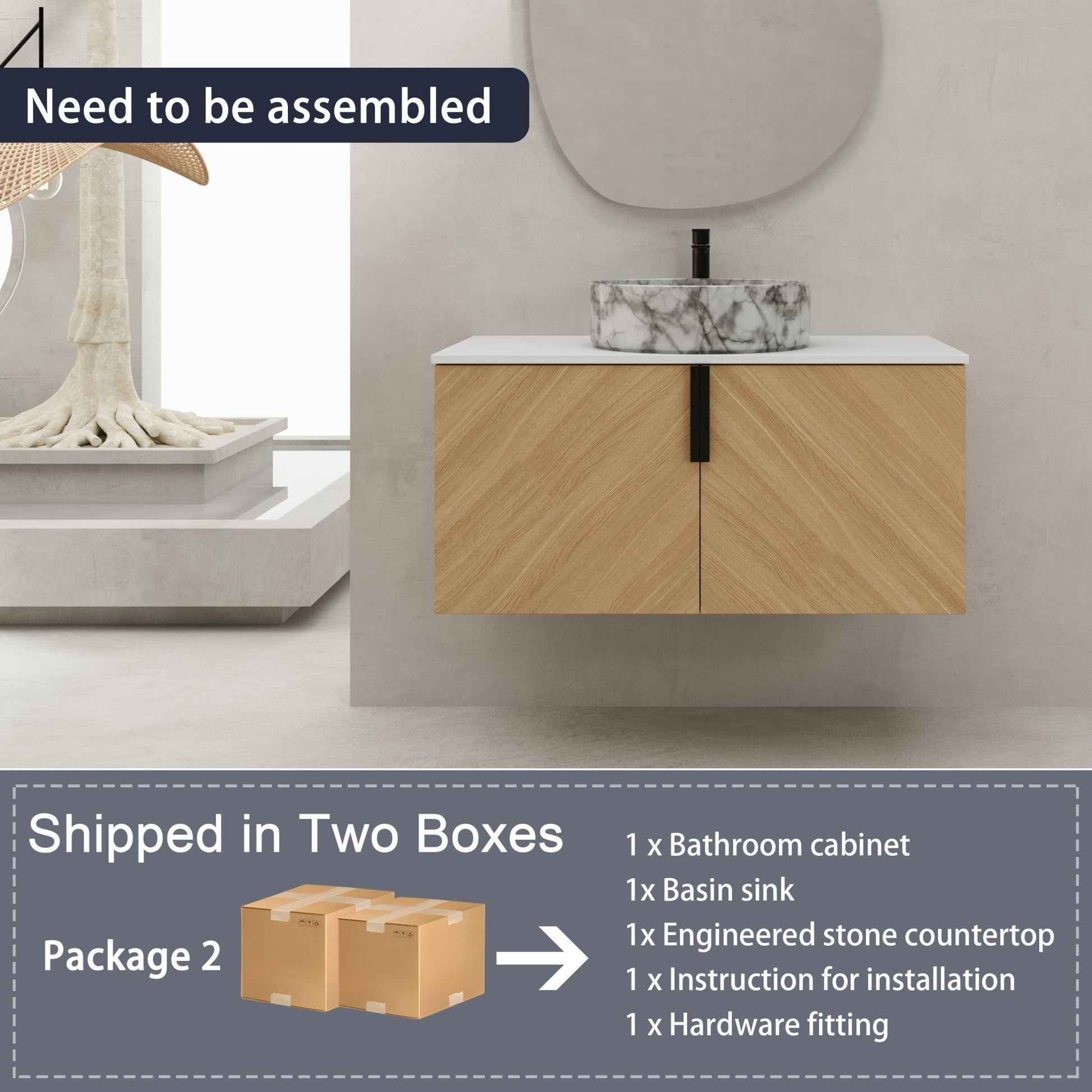 36' Bathroom Vanity With Top Ceramic Art Sink and Artificial Stone Slab, 2 - Soft Close Door, Wall - Mounted Mounting Design, Plywood (KD - Packing) - 1st Choice Furniture Direct