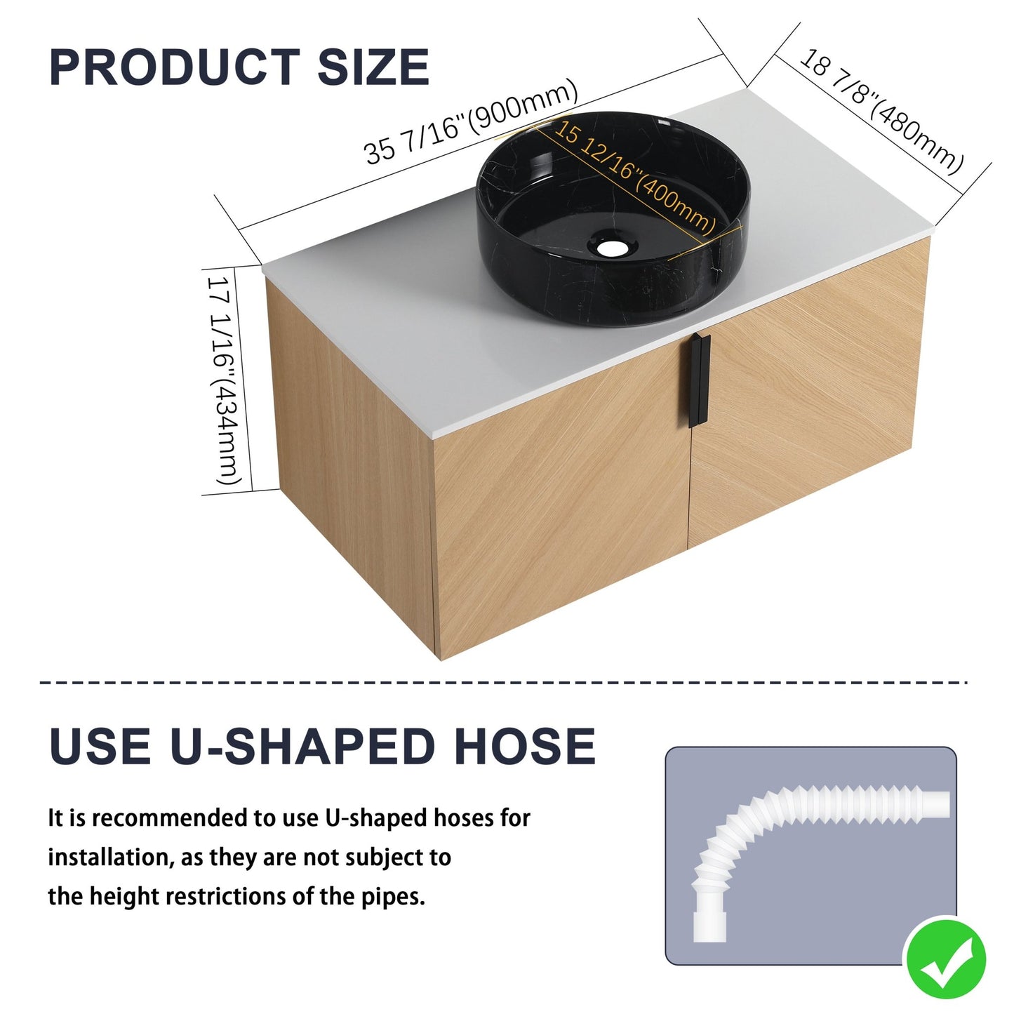 36' Bathroom Vanity With Top Ceramic Art Sink and Artificial Stone Slab, 2 - Soft Close Door, Wall - Mounted Mounting Design, Plywood (KD - Packing) - 1st Choice Furniture Direct