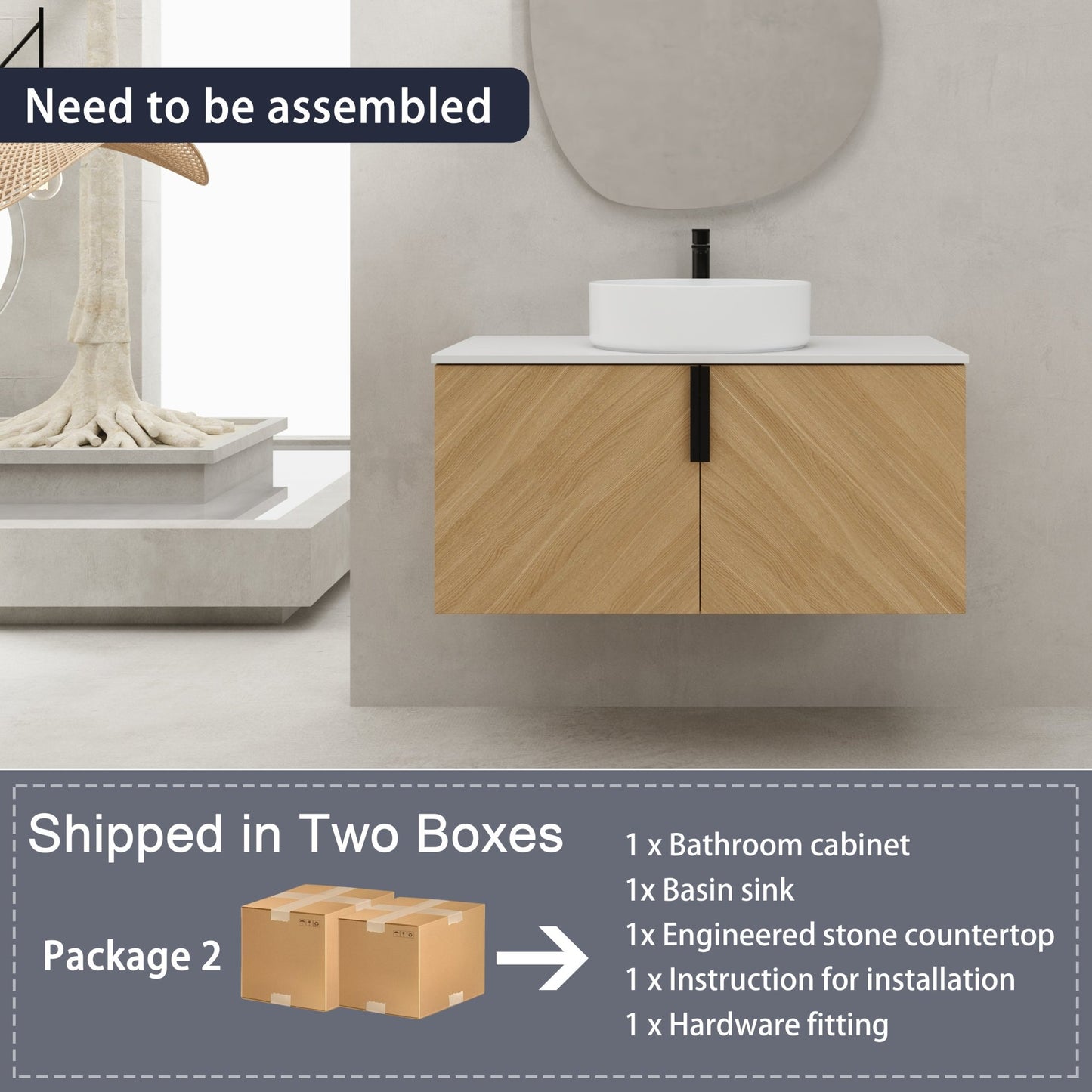 36' Bathroom Vanity With Top Ceramic Art Sink and Artificial Stone Slab, 2 - Soft Close Door, Wall - Mounted Mounting Design, Plywood (KD - Packing) - 1st Choice Furniture Direct