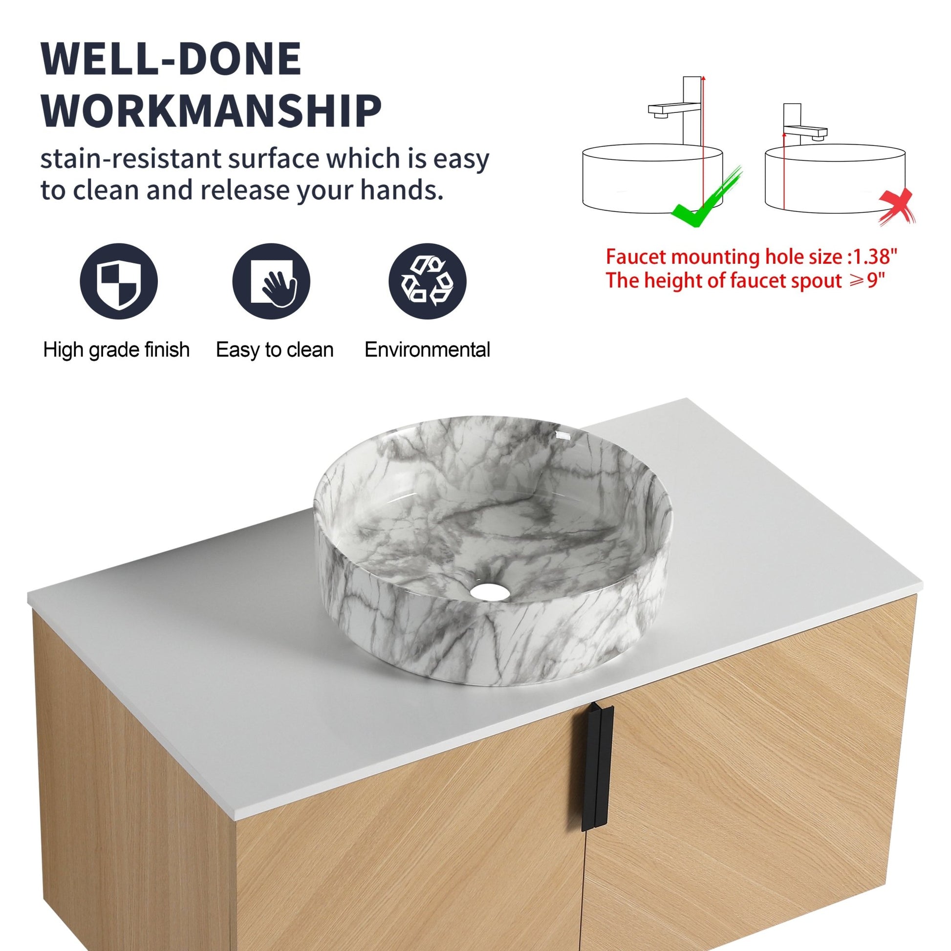 36' Bathroom Vanity With Top Ceramic Art Sink and Artificial Stone Slab, 2 - Soft Close Door, Wall - Mounted Mounting Design, Plywood (KD - Packing) - 1st Choice Furniture Direct