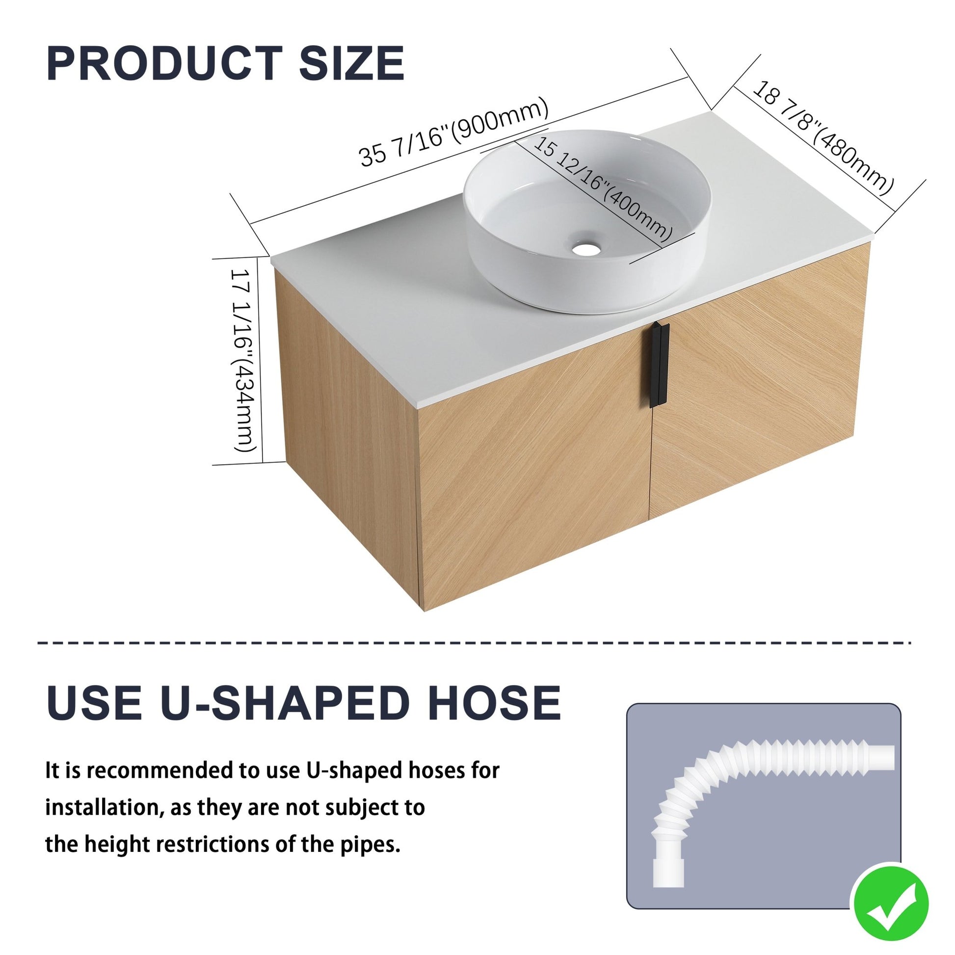 36' Bathroom Vanity With Top Ceramic Art Sink and Artificial Stone Slab, 2 - Soft Close Door, Wall - Mounted Mounting Design, Plywood (KD - Packing) - 1st Choice Furniture Direct