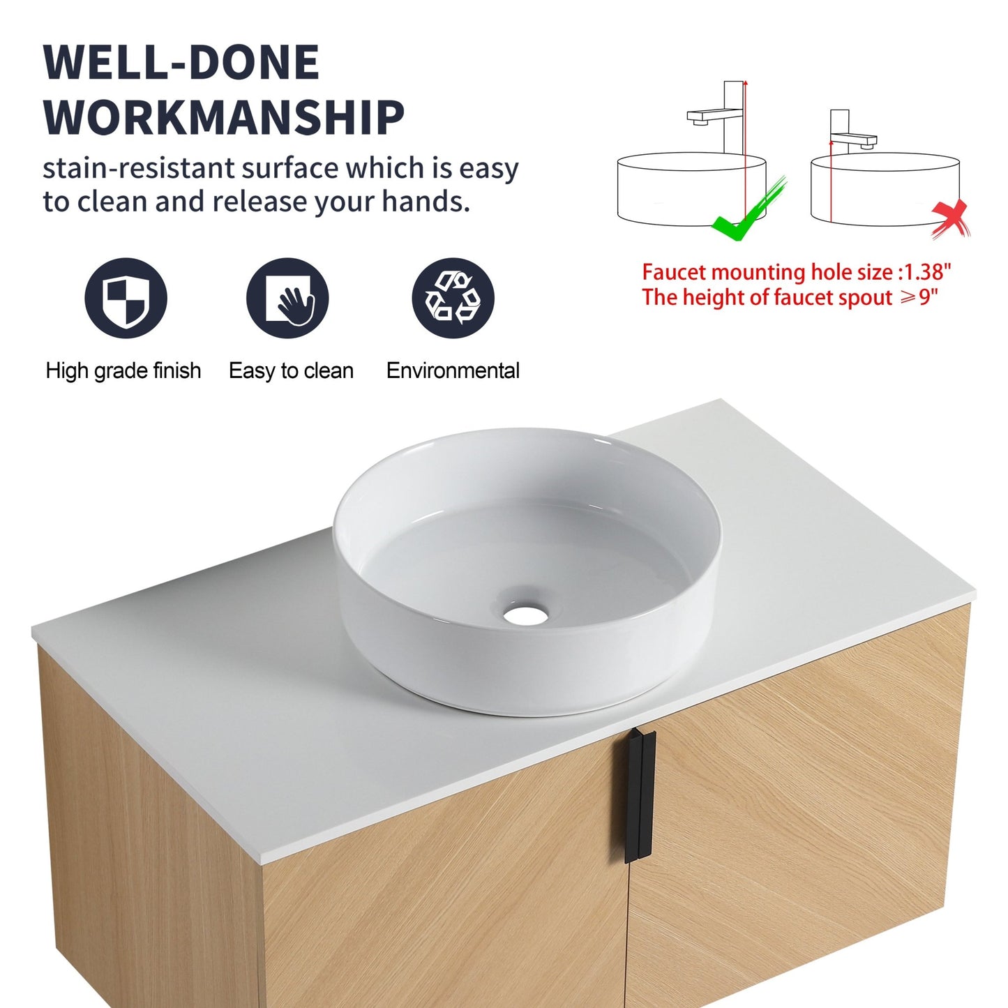 36' Bathroom Vanity With Top Ceramic Art Sink and Artificial Stone Slab, 2 - Soft Close Door, Wall - Mounted Mounting Design, Plywood (KD - Packing) - 1st Choice Furniture Direct