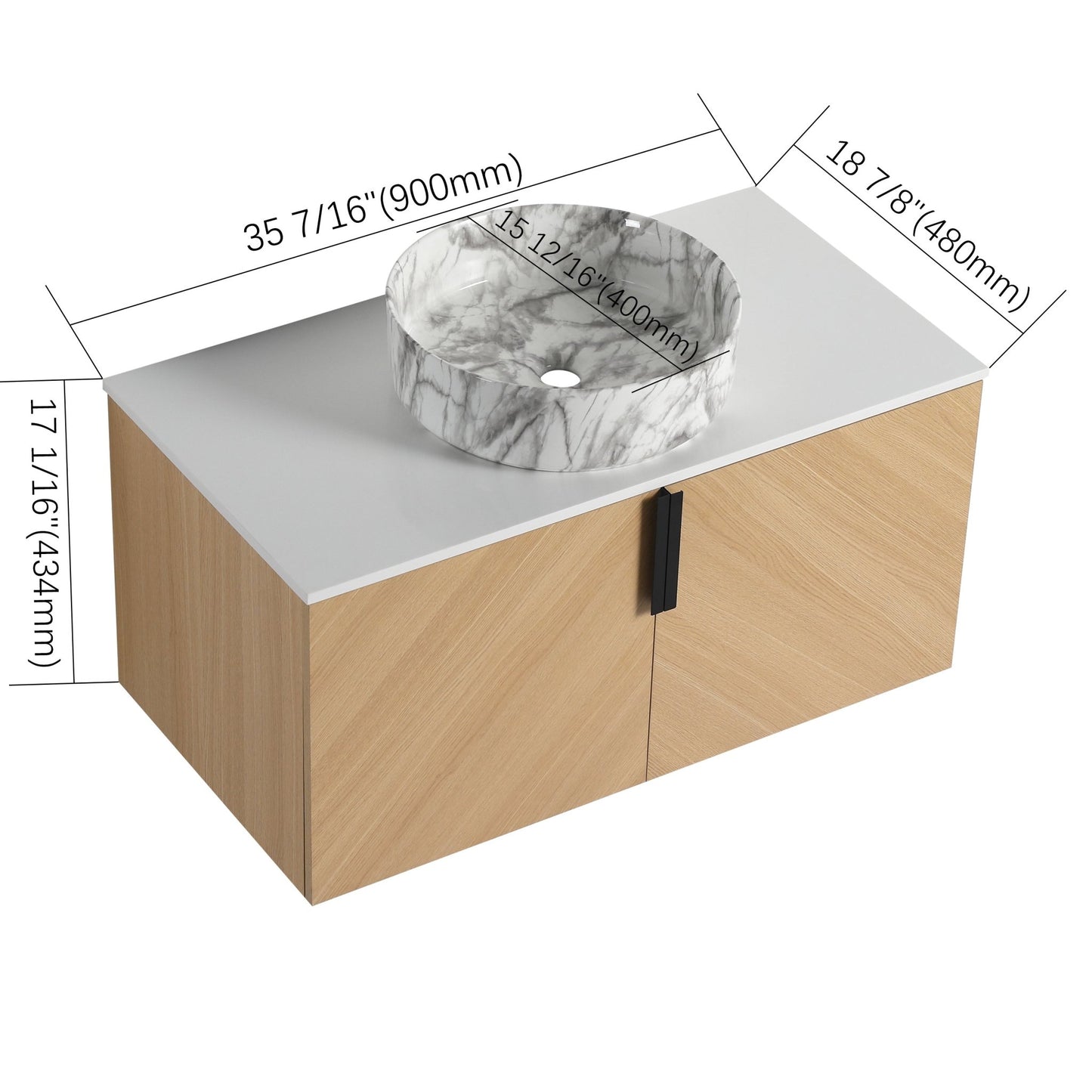 36' Bathroom Vanity With Top Ceramic Art Sink and Artificial Stone Slab, 2 - Soft Close Door, Wall - Mounted Mounting Design, Plywood (KD - Packing) - 1st Choice Furniture Direct