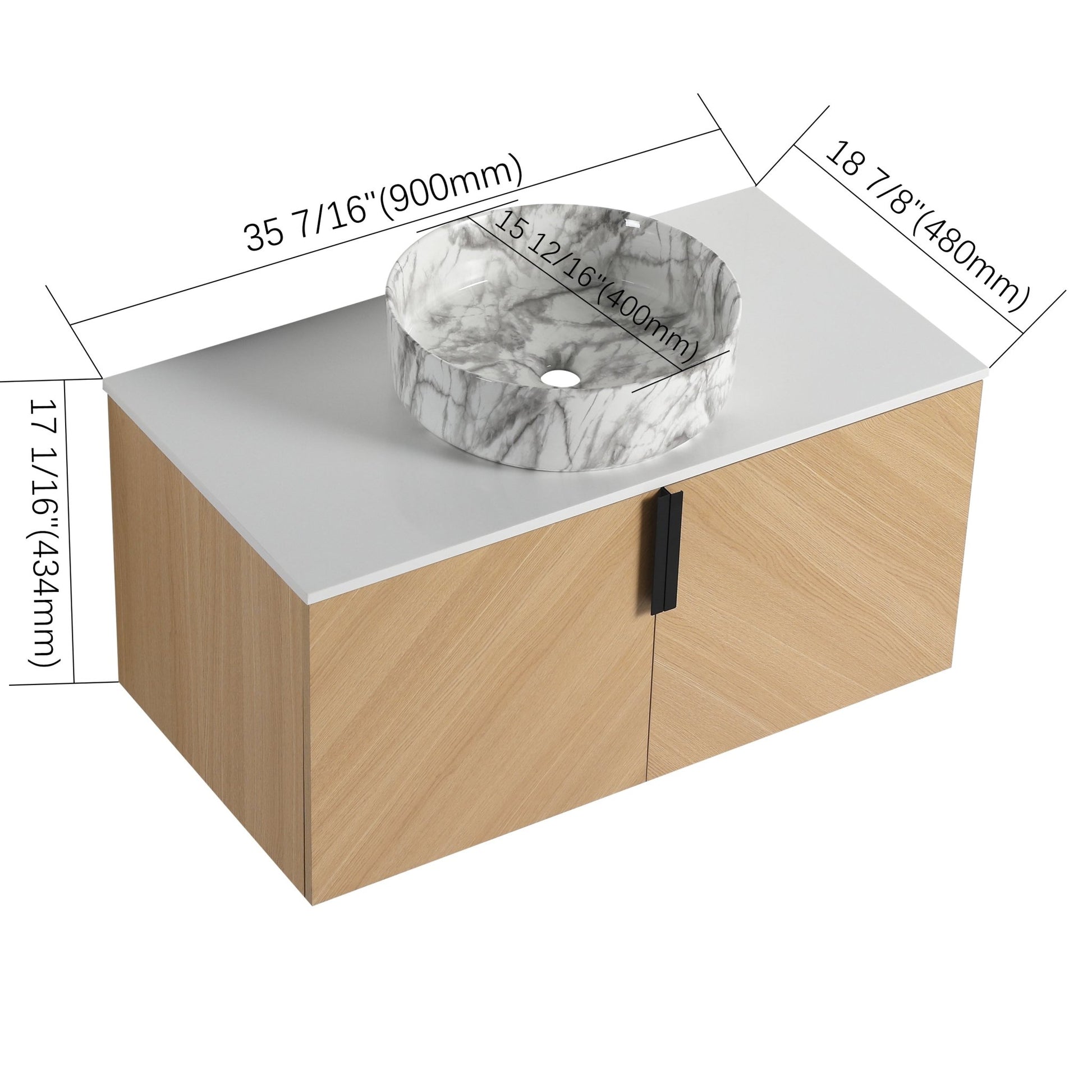 36' Bathroom Vanity With Top Ceramic Art Sink and Artificial Stone Slab, 2 - Soft Close Door, Wall - Mounted Mounting Design, Plywood (KD - Packing) - 1st Choice Furniture Direct